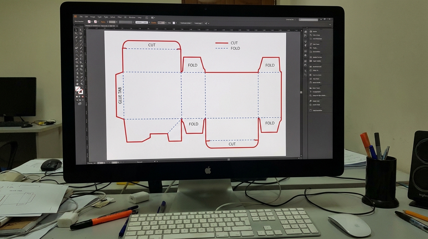 Sebuah dieline kemasan kotak di layar komputer, menunjukkan garis potong dan garis lipat berwarna untuk template kemasan datar sebelum dirakit