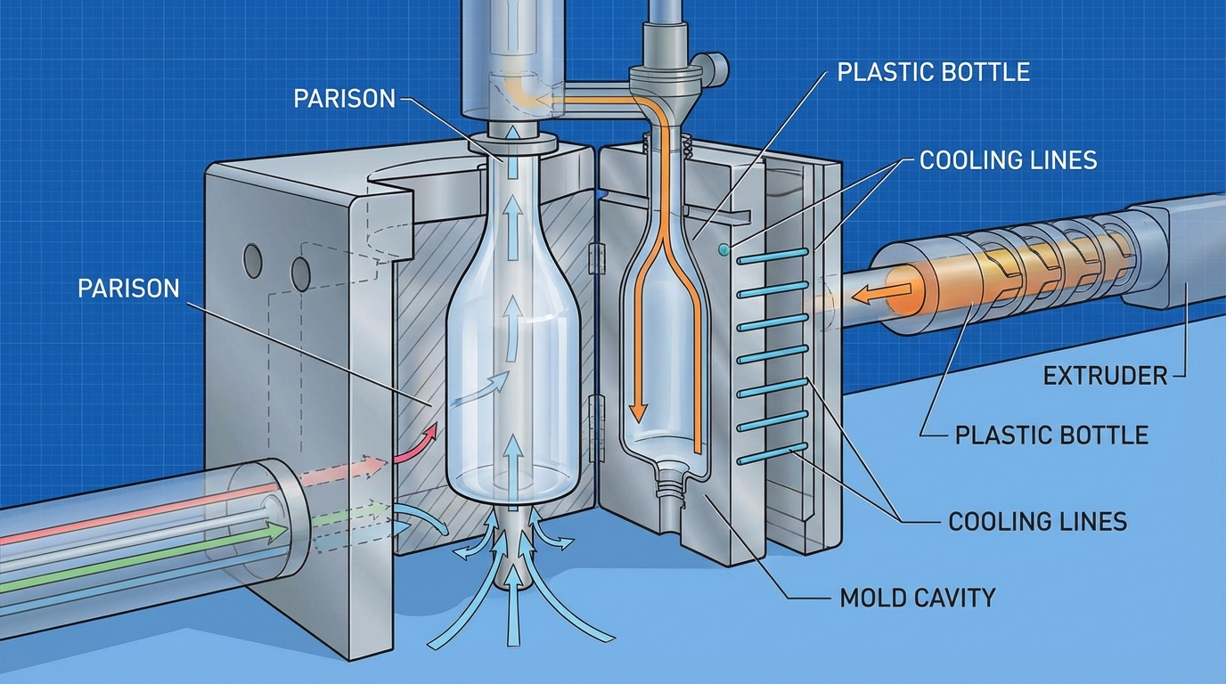 Blow molding machine with transparent plastic bottle being formed inside metal mold