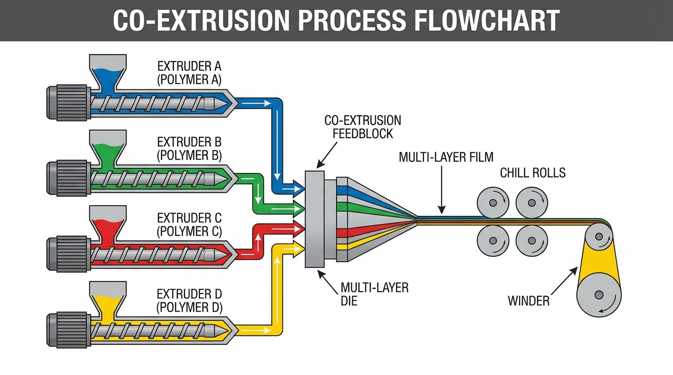 Co-extrusion process flowchart showing multiple extruders feeding different polymer melts into a single die to form multi-layer film