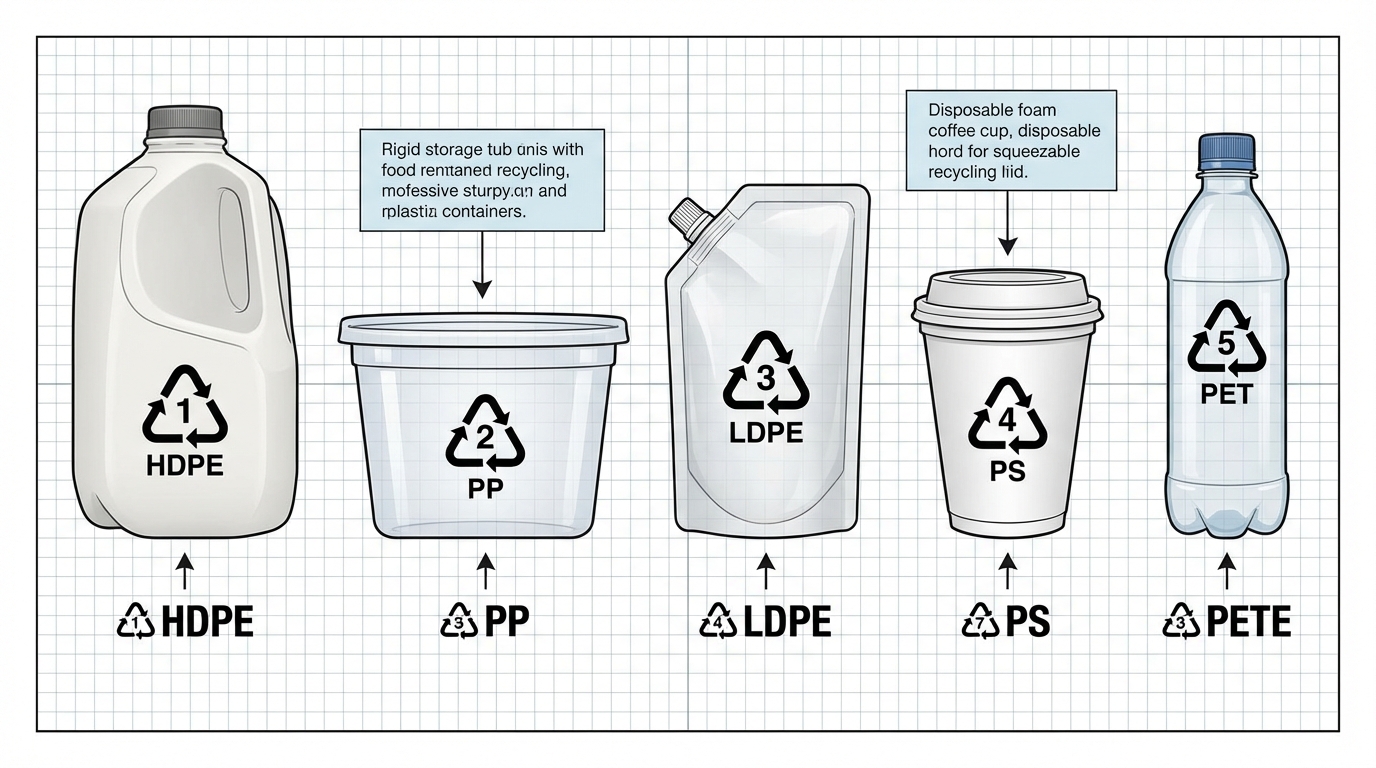 Collection of plastic containers showing HDPE, PP, LDPE, PS, and PET with visible recycling codes labeled