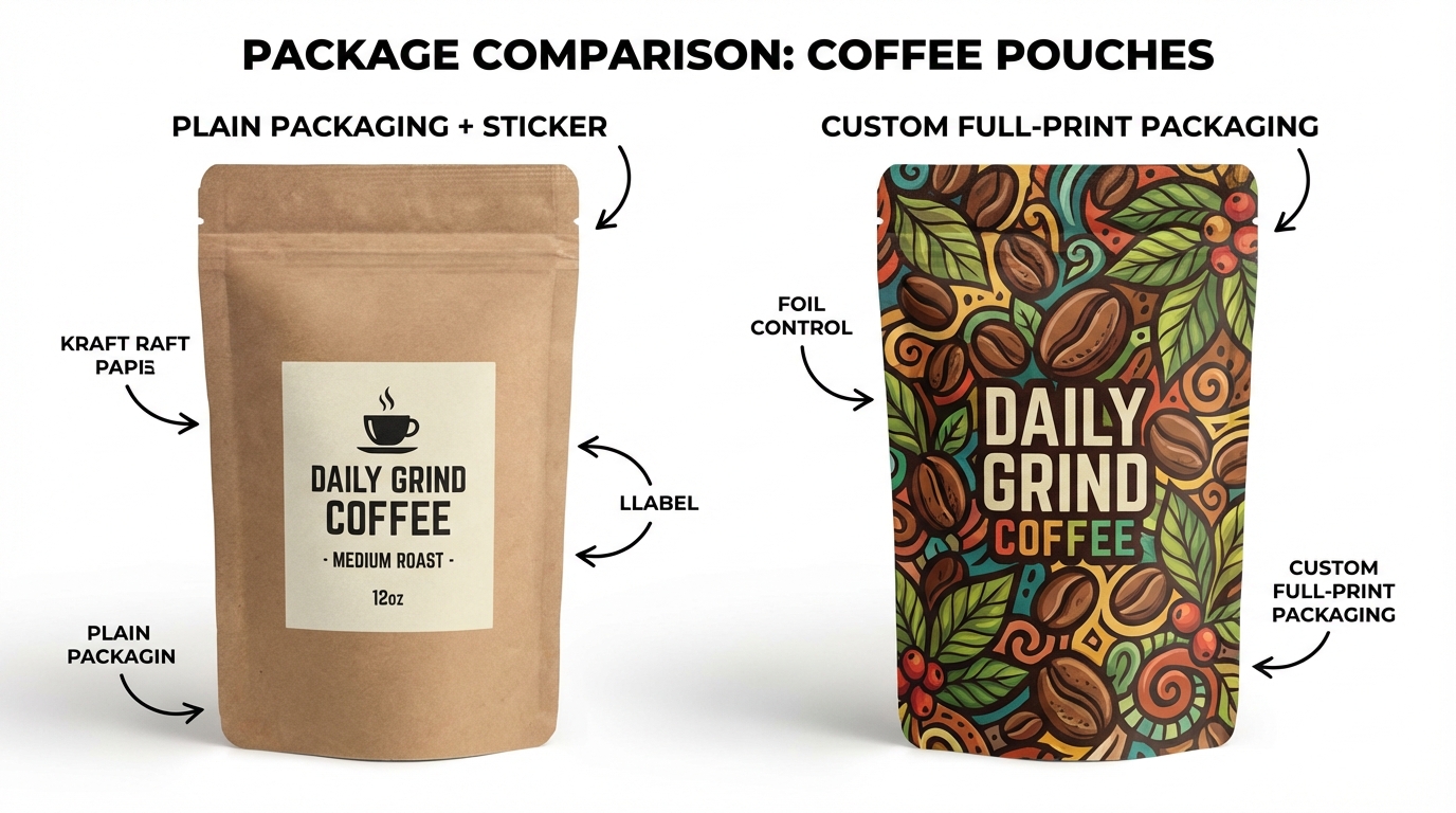 Perbandingan dua produk UMKM yang sama — satu dengan kemasan polos bertempel stiker, satu lagi dengan kemasan custom full print, keduanya standing pouch berisi kopi bubuk