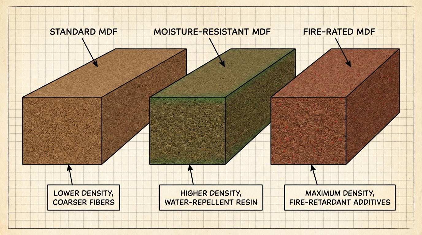 Cross-section comparison of different MDF board grades side by side, showing standard vs moisture-resistant vs fire-rated, with visible difference in density and fiber quality