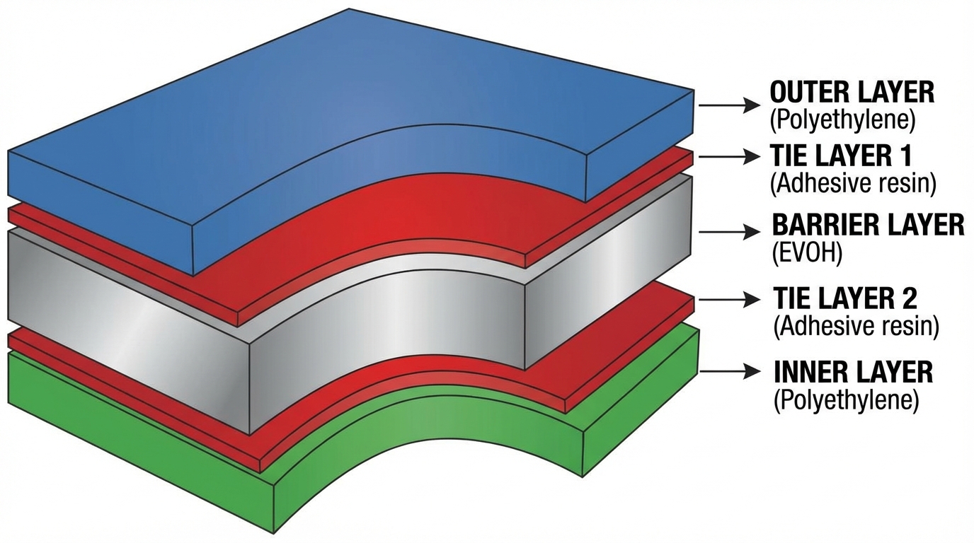 Cross-section diagram of multi-layer packaging showing 5 distinct layers with different colors and labels indicating outer layer, barrier layer, tie layers, and inner layer