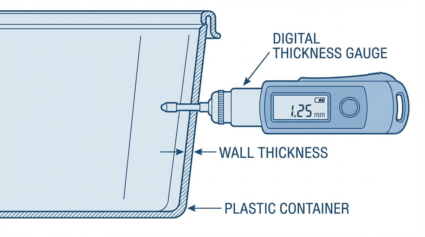 Digital thickness gauge measuring plastic container wall thickness