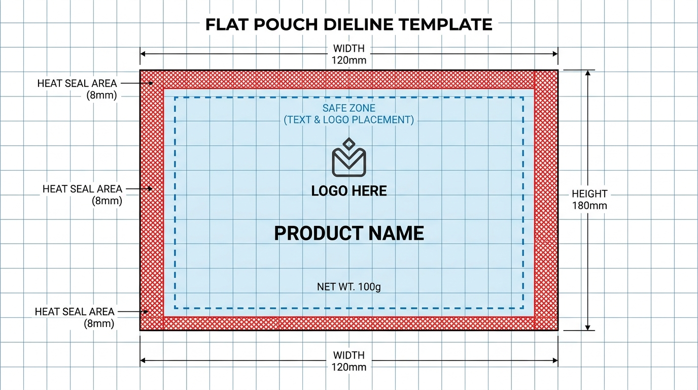 A flat pouch dieline template showing colored seal areas along the edges and a marked safe zone in the center where text and logo should be placed