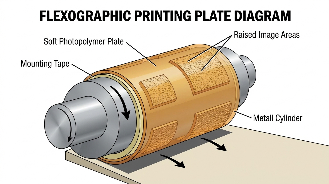 Flexographic printing plate made of soft photopolymer with raised image areas mounted on a cylinder
