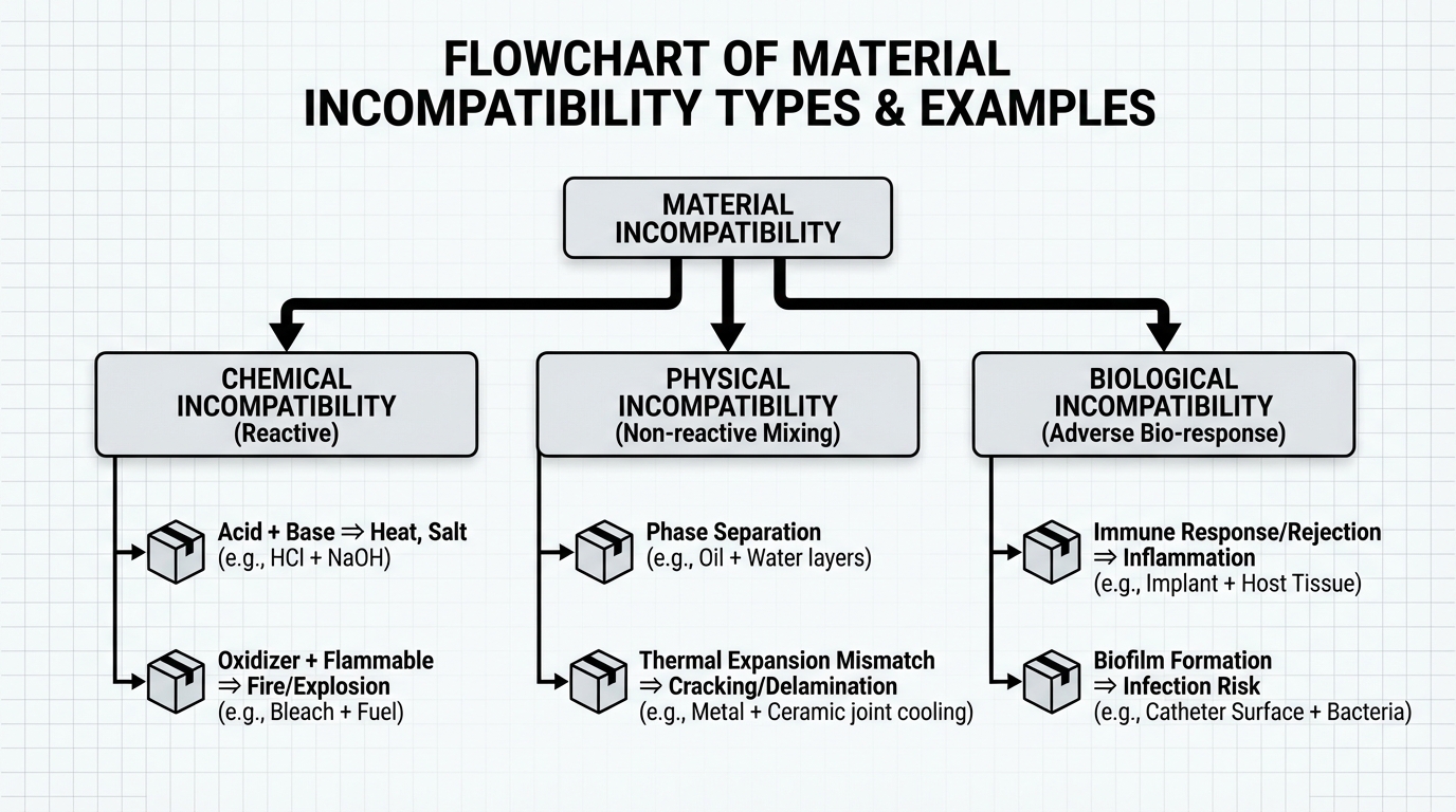 Flowchart showing three types of material incompatibility - chemical, physical, and biological - with examples for each