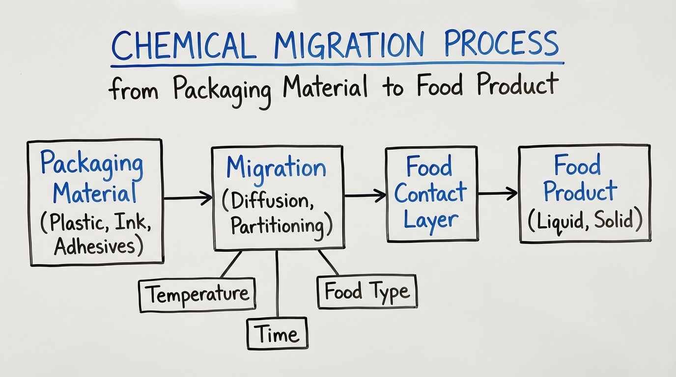 Flowchart showing chemical migration process from packaging material to food product