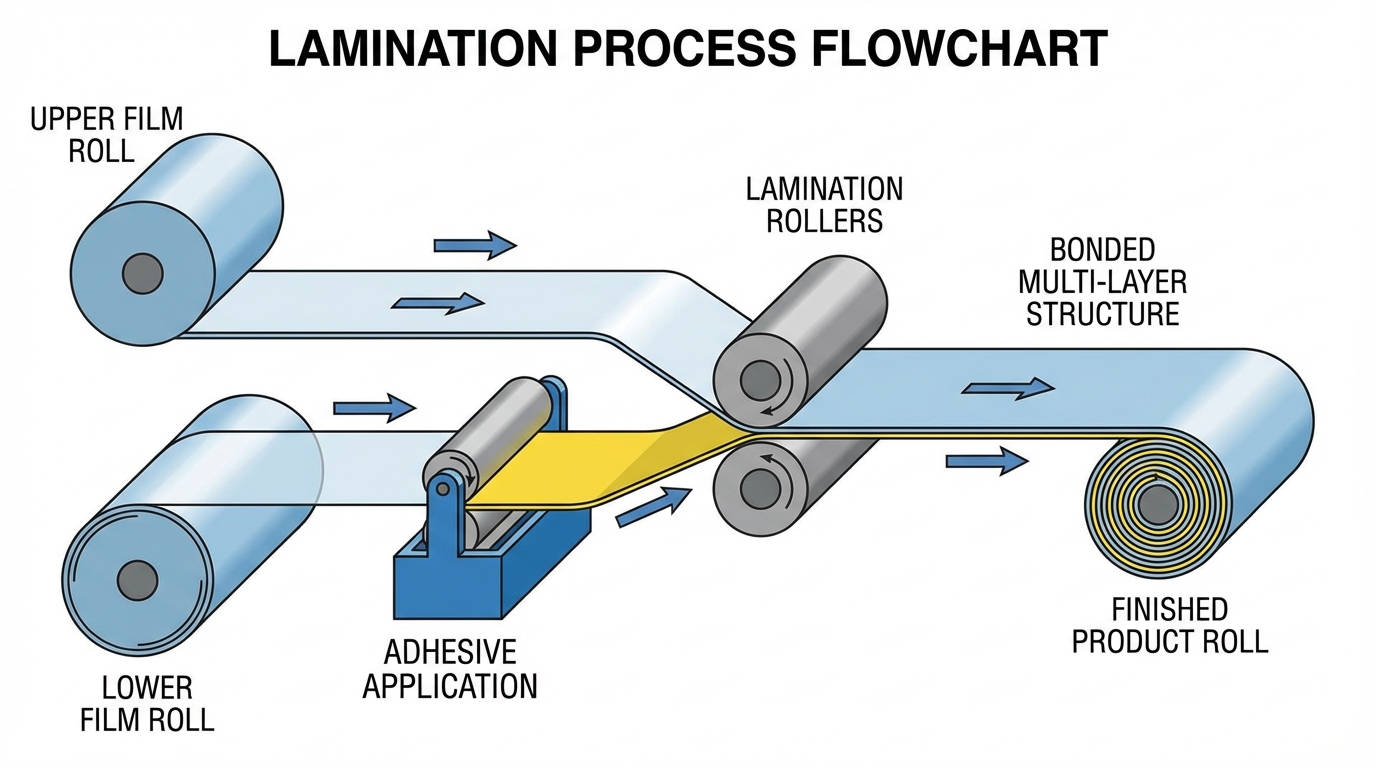 Lamination process flowchart showing separate film rolls being combined with adhesive layer through rollers to create bonded multi-layer structure