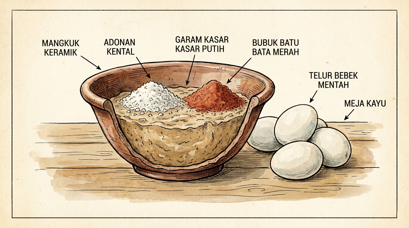 Mangkuk keramik berisi adonan kental campuran garam kasar putih dan bubuk batu bata merah, dengan beberapa telur bebek mentah di samping mangkuk di atas meja kayu