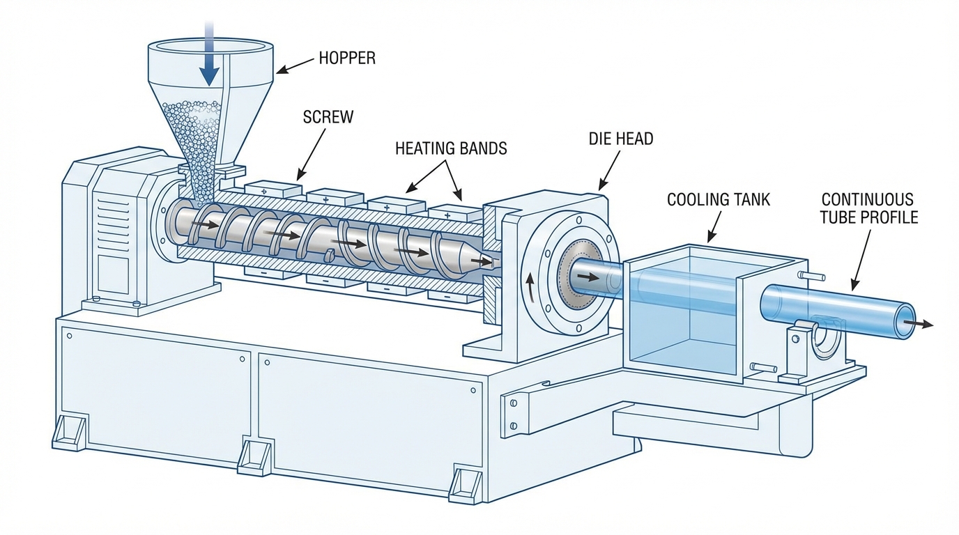 Plastic extrusion machine producing continuous tube profile with die head visible