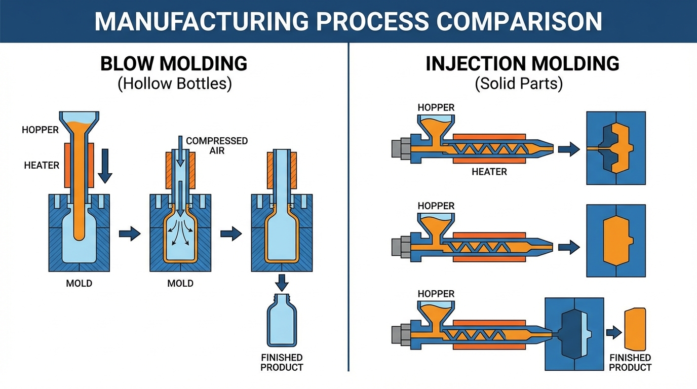 Side-by-side comparison diagram showing blow molding process for hollow bottles versus injection molding process for solid parts