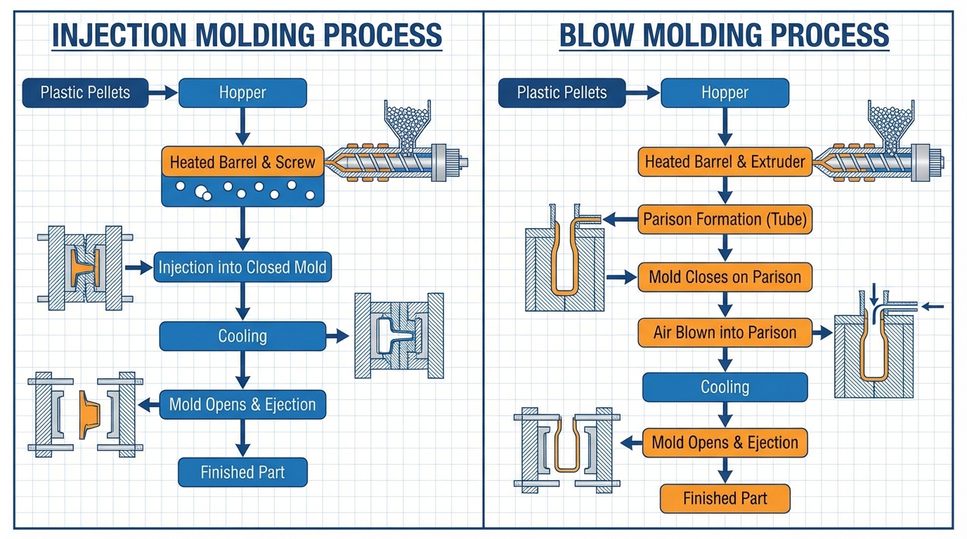 Side-by-side comparison flowchart showing injection molding process versus blow molding process with labeled steps