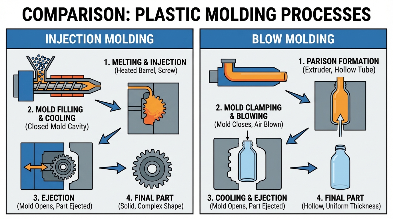 Side-by-side comparison diagram showing injection molding process and blow molding process with labeled steps