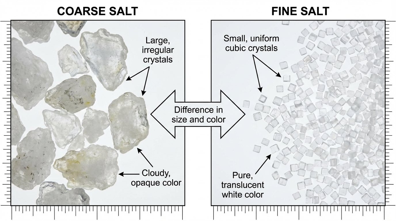 Perbandingan visual garam krosok dan garam halus secara berdampingan menunjukkan perbedaan ukuran kristal dan warna