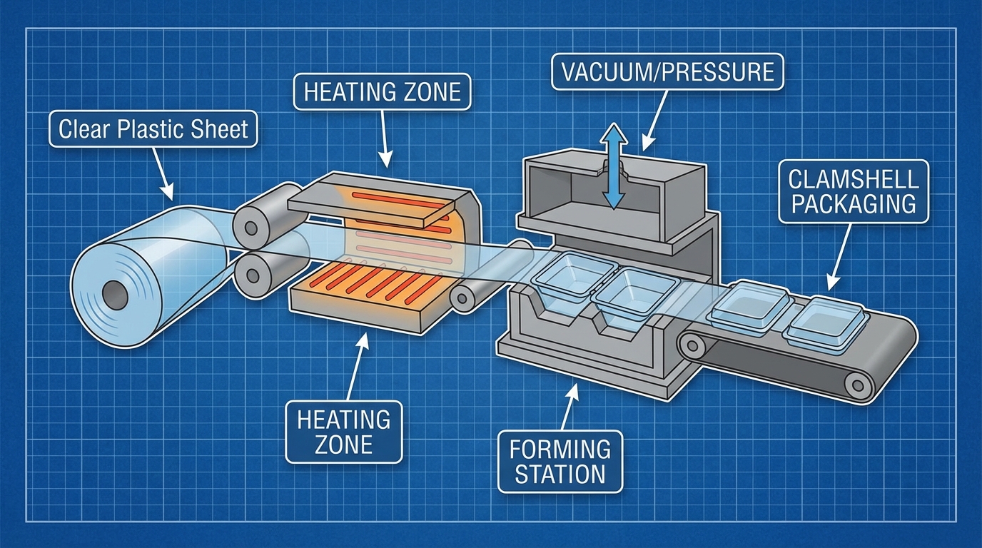 Thermoforming machine heating and forming clear plastic sheet into clamshell packaging