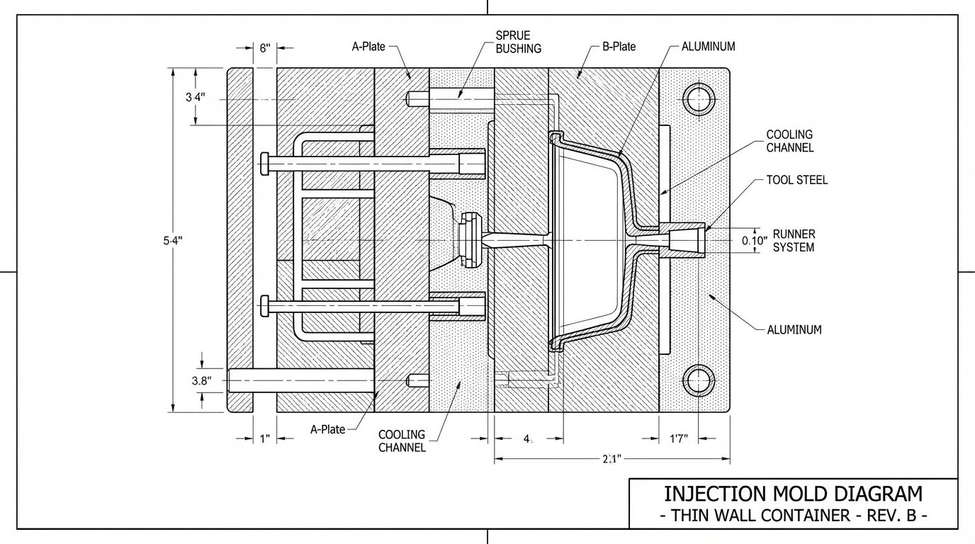 Injection molding mold for plastic packaging showing cavity structure and metal components