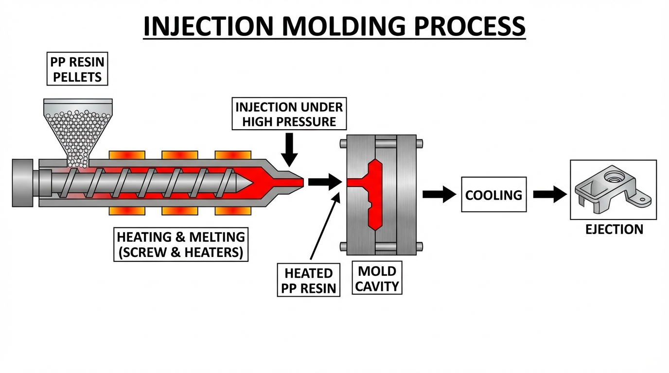 Injection molding process flowchart showing heated PP resin being injected into mold under high pressure