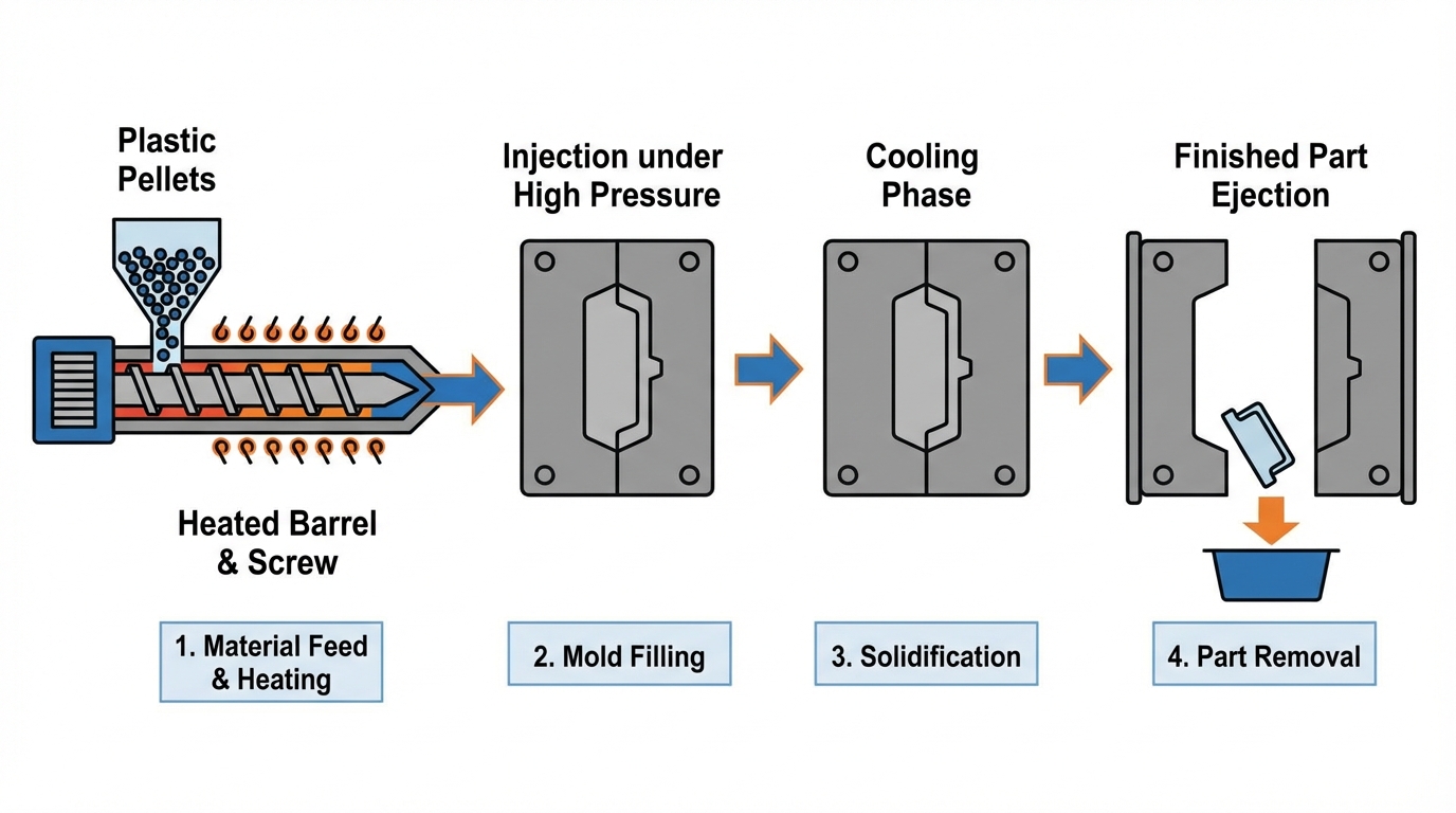 Injection molding process flowchart showing plastic pellets being heated, injected into metal mold cavity under high pressure, cooling phase, and finished part ejection