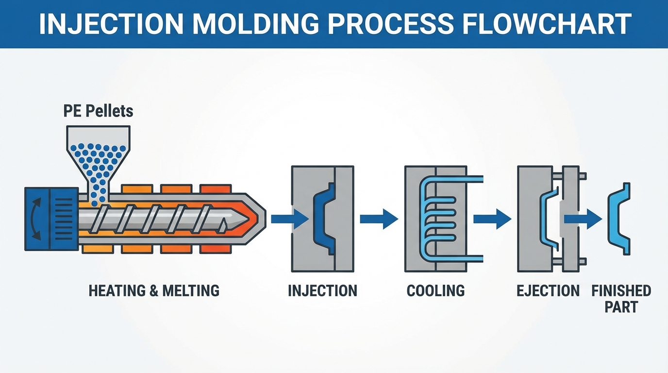 Injection molding process flowchart showing PE pellets being heated, injected into mold, cooled, and ejected