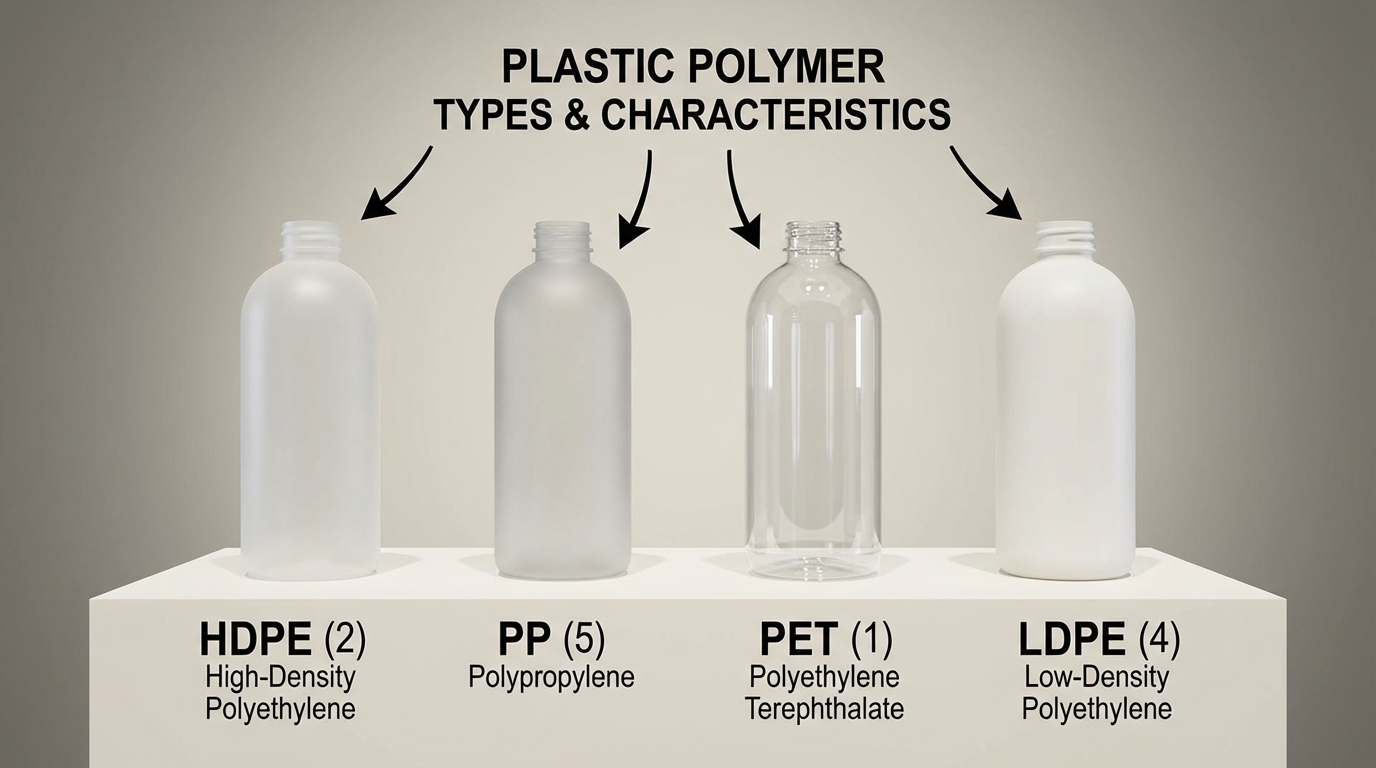 Clear comparison of four plastic bottles showing HDPE, PP, PET, and LDPE materials with visible differences in transparency and finish