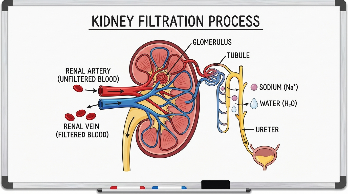 Simplified diagram of kidney filtering sodium and excess water from blood