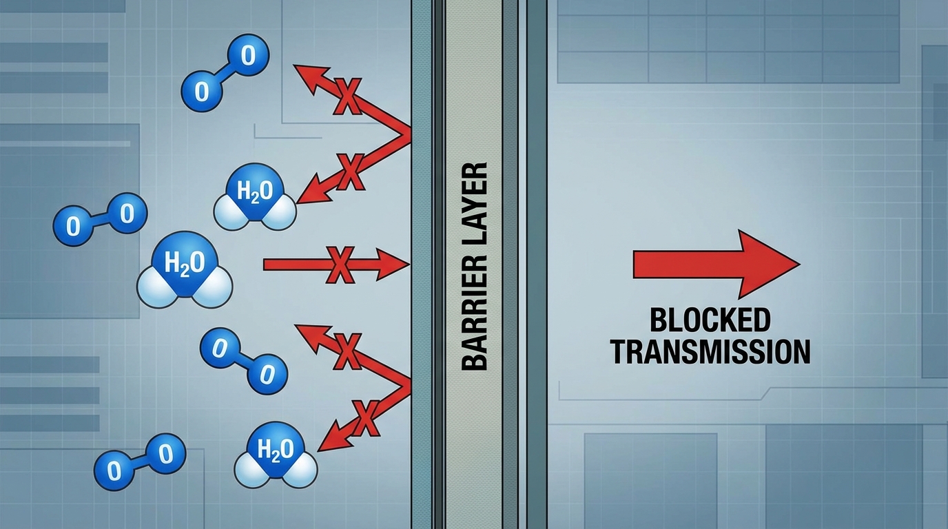 Illustration showing oxygen and moisture molecules being blocked by barrier layer, with arrows indicating blocked transmission