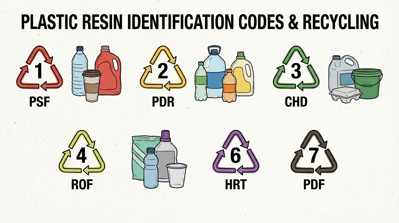 Plastic resin identification codes 1 through 7 with recycling symbols on plastic containers