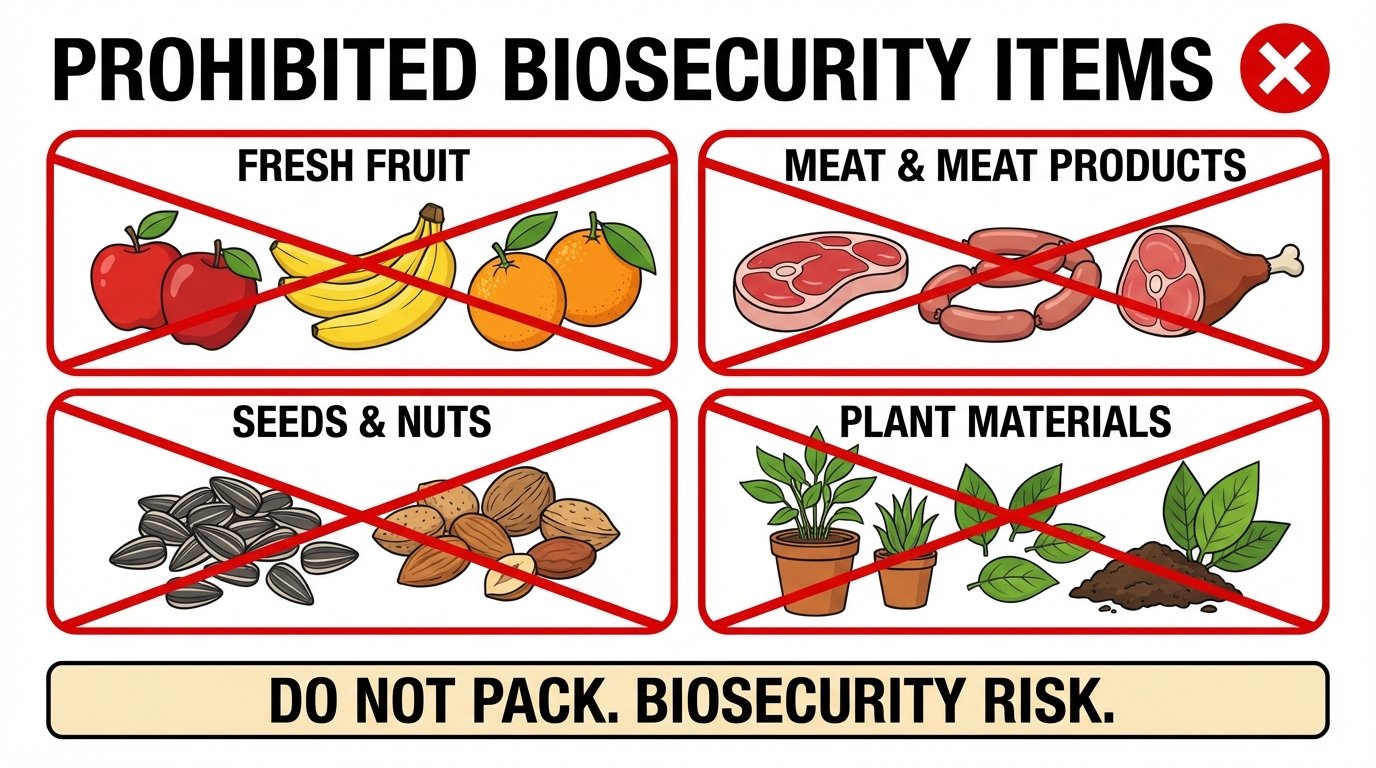 Collection of prohibited biosecurity items including fresh fruit, meat, seeds, and plant materials with red prohibition symbols