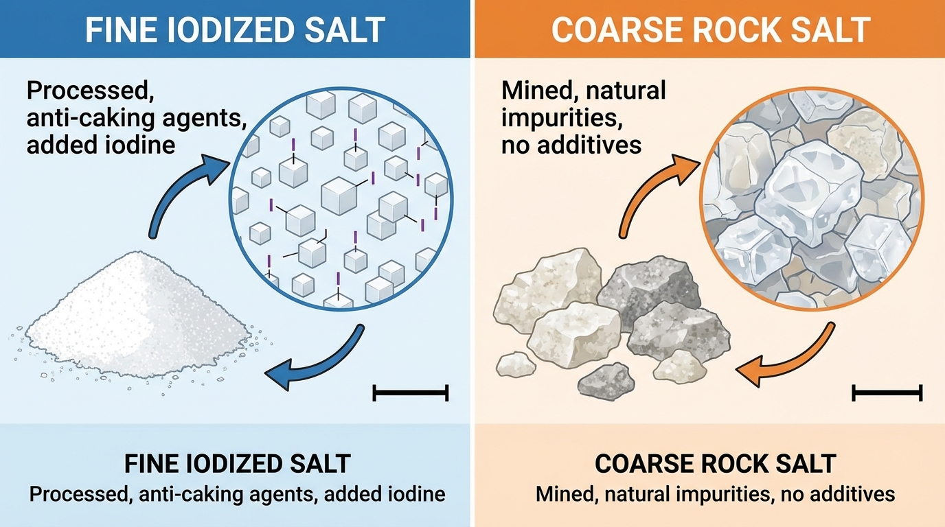 Side by side comparison of fine iodized salt and coarse rock salt crystals