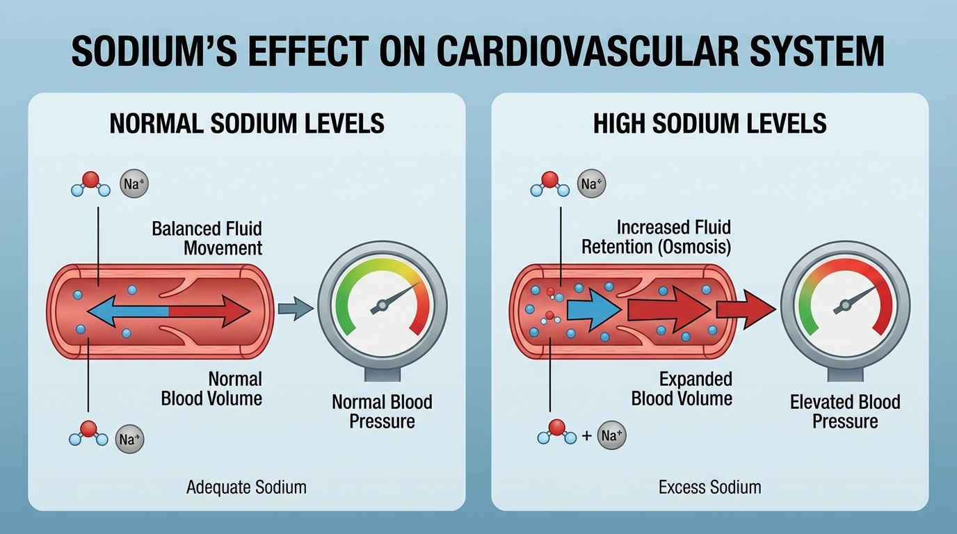 Diagram showing how sodium increases blood volume and raises blood pressure in blood vessels, with comparison of normal vs high sodium levels
