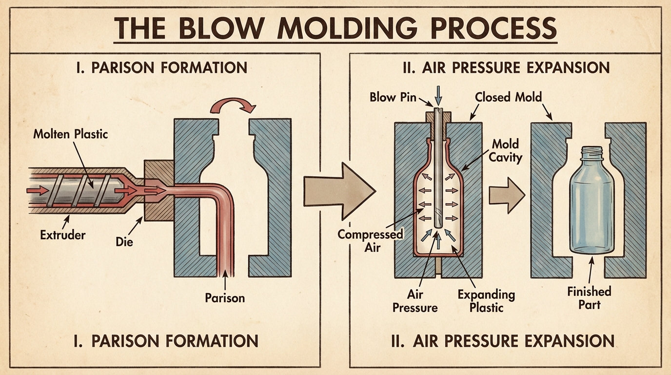 Blow molding process flowchart showing parison formation and air pressure expansion into mold cavity