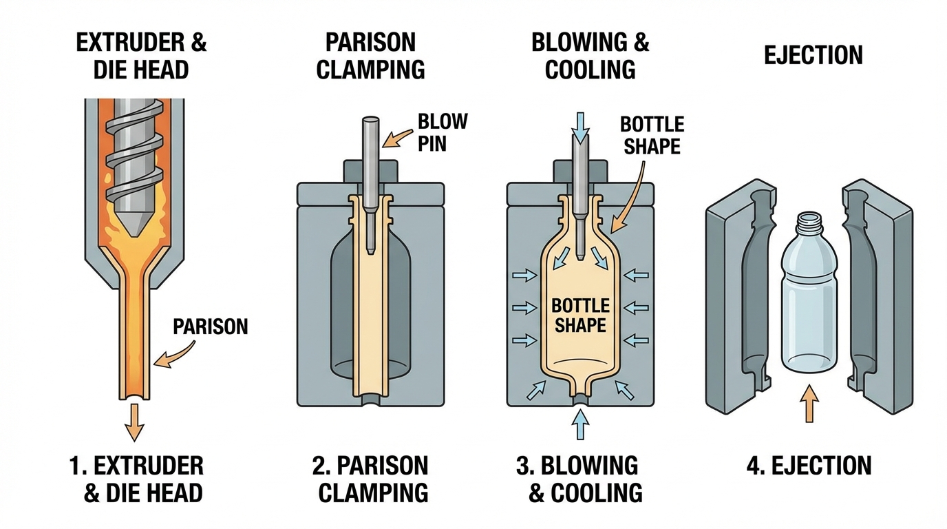 Extrusion blow molding process showing parison formation and air inflation into bottle shape