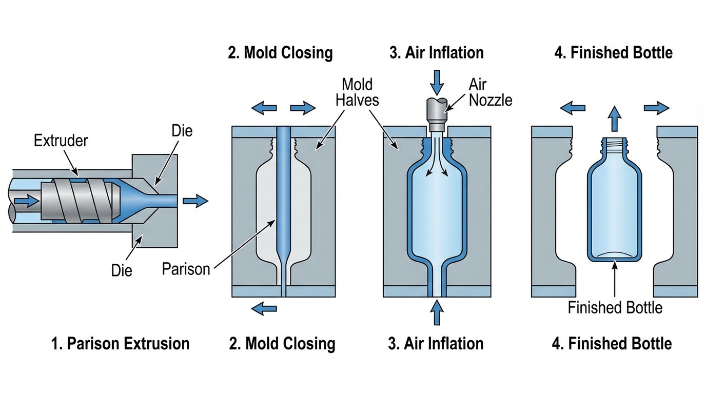 Extrusion blow molding process showing parison extrusion, mold closing, air inflation, and finished hollow bottle