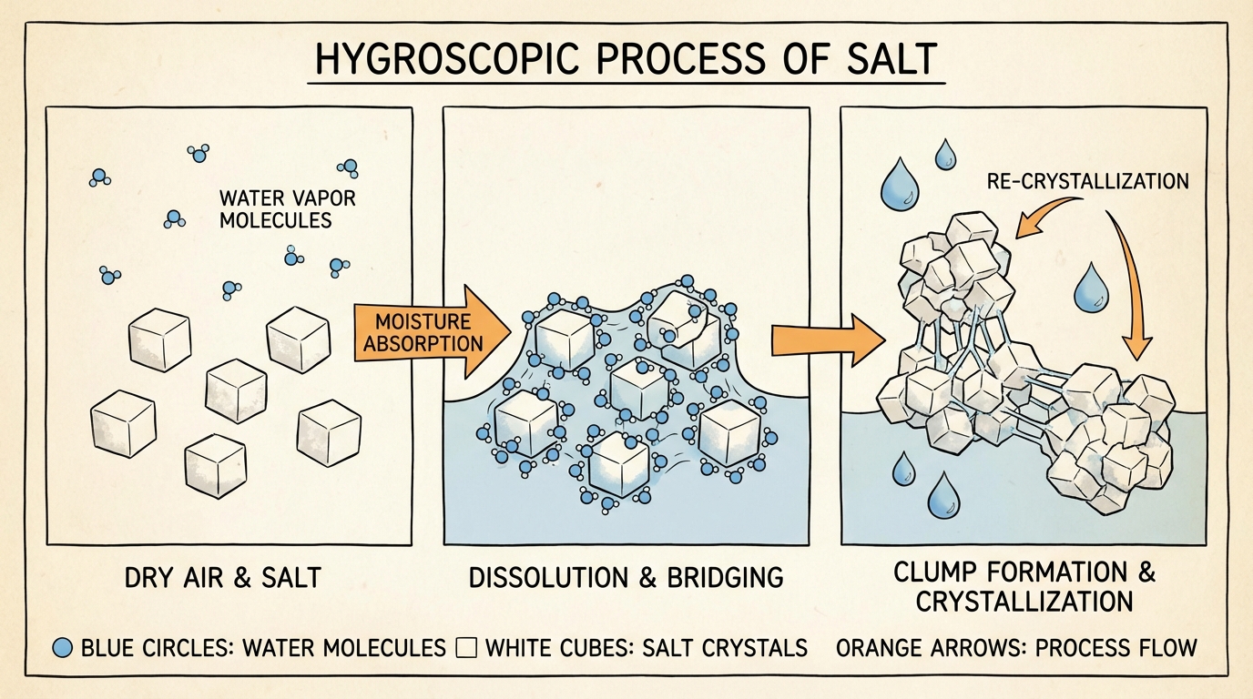 Diagram showing hygroscopic process of salt absorbing moisture from air and forming clumps through crystallization