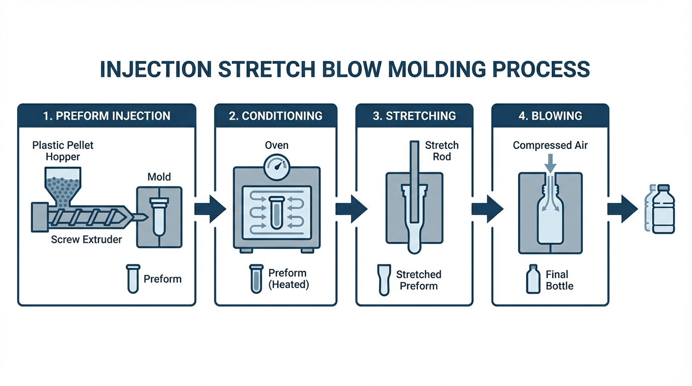 Injection stretch blow molding process flowchart showing preform injection, conditioning, stretching and blowing stages