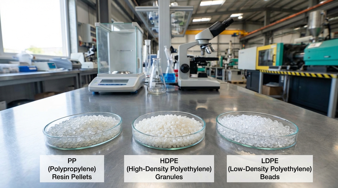 Beberapa jenis resin plastik berbeda (PP, HDPE, LDPE) dalam bentuk butiran di atas meja laboratorium pabrik, masing-masing dalam wadah terpisah dengan label material
