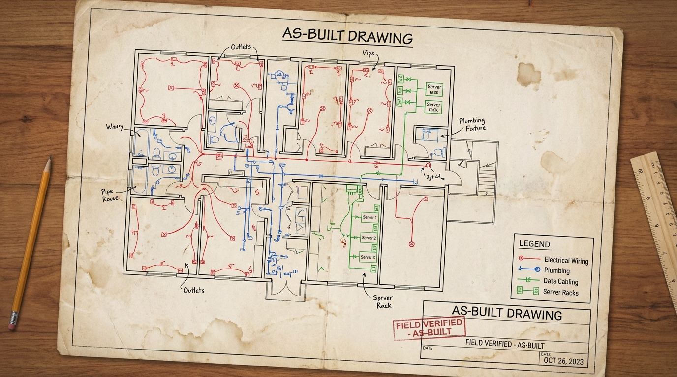 As-built floor plan drawing showing electrical lines, plumbing routes, and data cabling locations marked in different colors