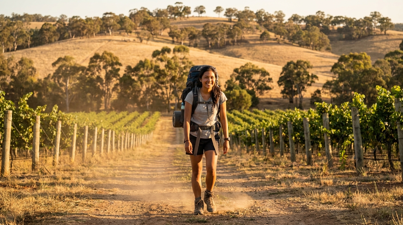 A young Indonesian backpacker in casual clothes walking through a regional Australian farm or vineyard with rolling hills in the background, warm afternoon light, candid travel photography