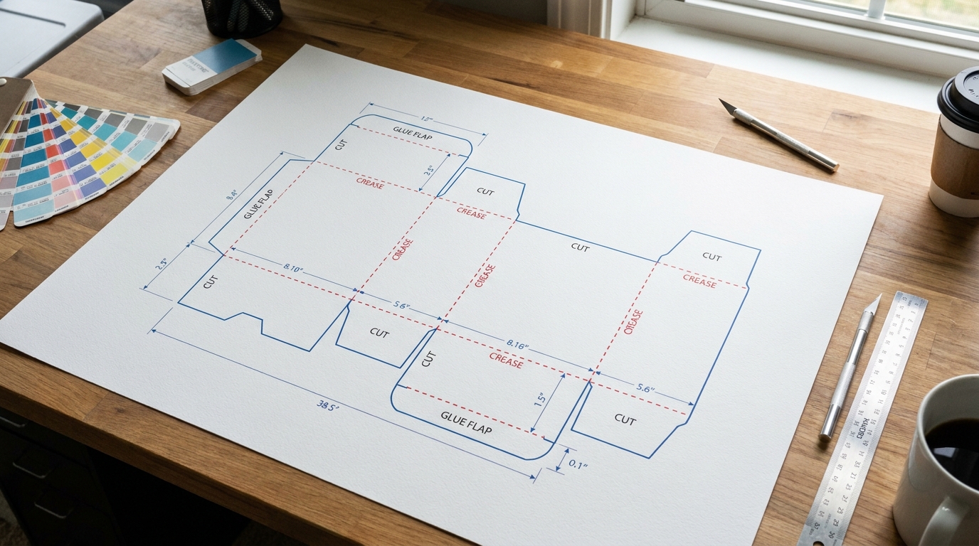 A printed packaging box dieline template on white paper, showing colored cut lines and dashed fold lines for a flat carton layout before assembly, lying on a designer's work table