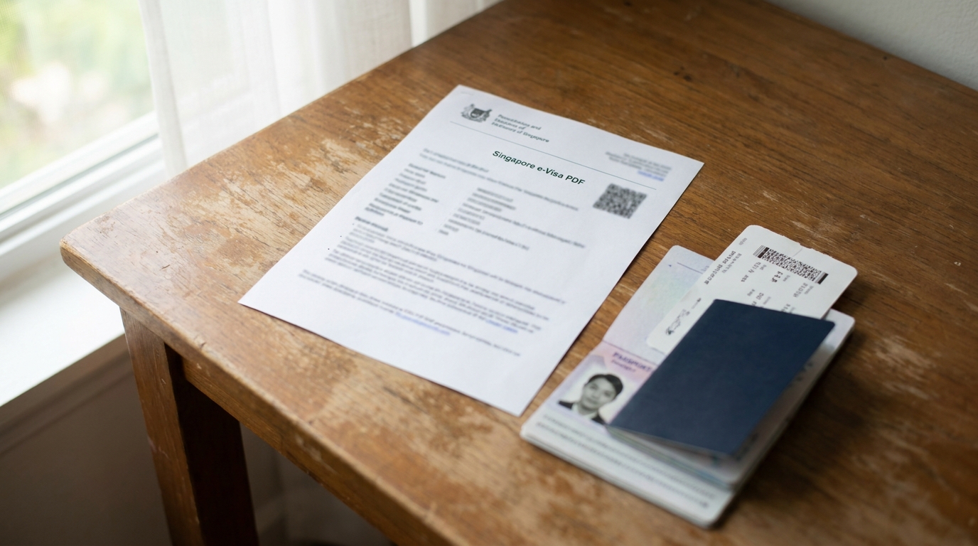 A printed single-page Singapore e-Visa PDF document lying on a wooden desk next to an open passport with a boarding pass tucked inside, neutral daylight from a side window, photographed from directly above with a slight tilt, document text not legible