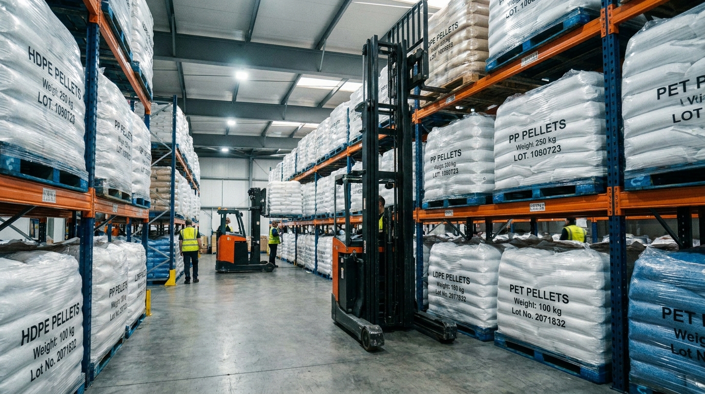 Berbagai jenis butiran resin plastik HDPE, PP, LDPE, dan PET dalam kantong terpisah dengan label di gudang pabrik kemasan
