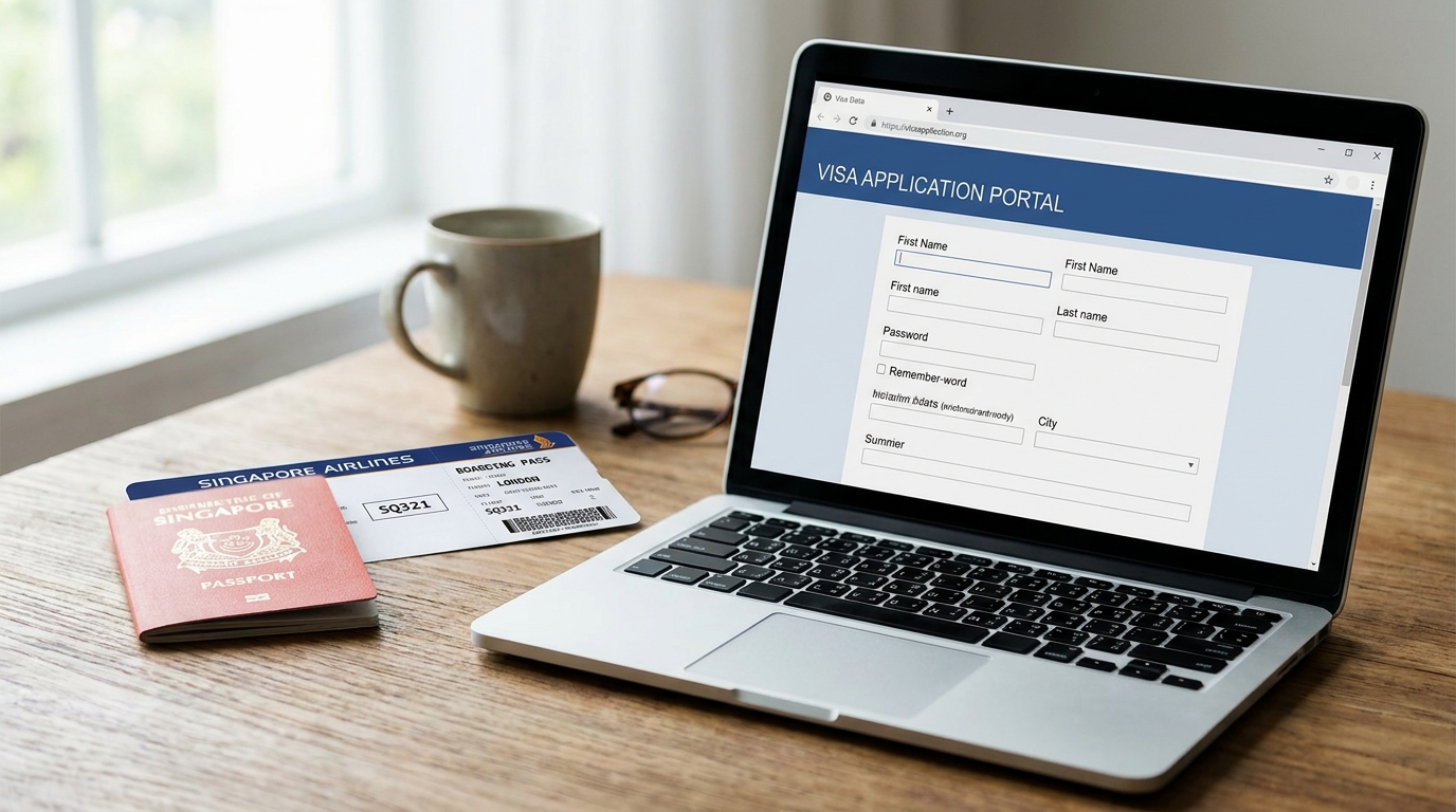 A Singapore passport, a printed boarding pass, and a laptop showing a generic visa application portal on screen, arranged on a wooden desk under soft natural light