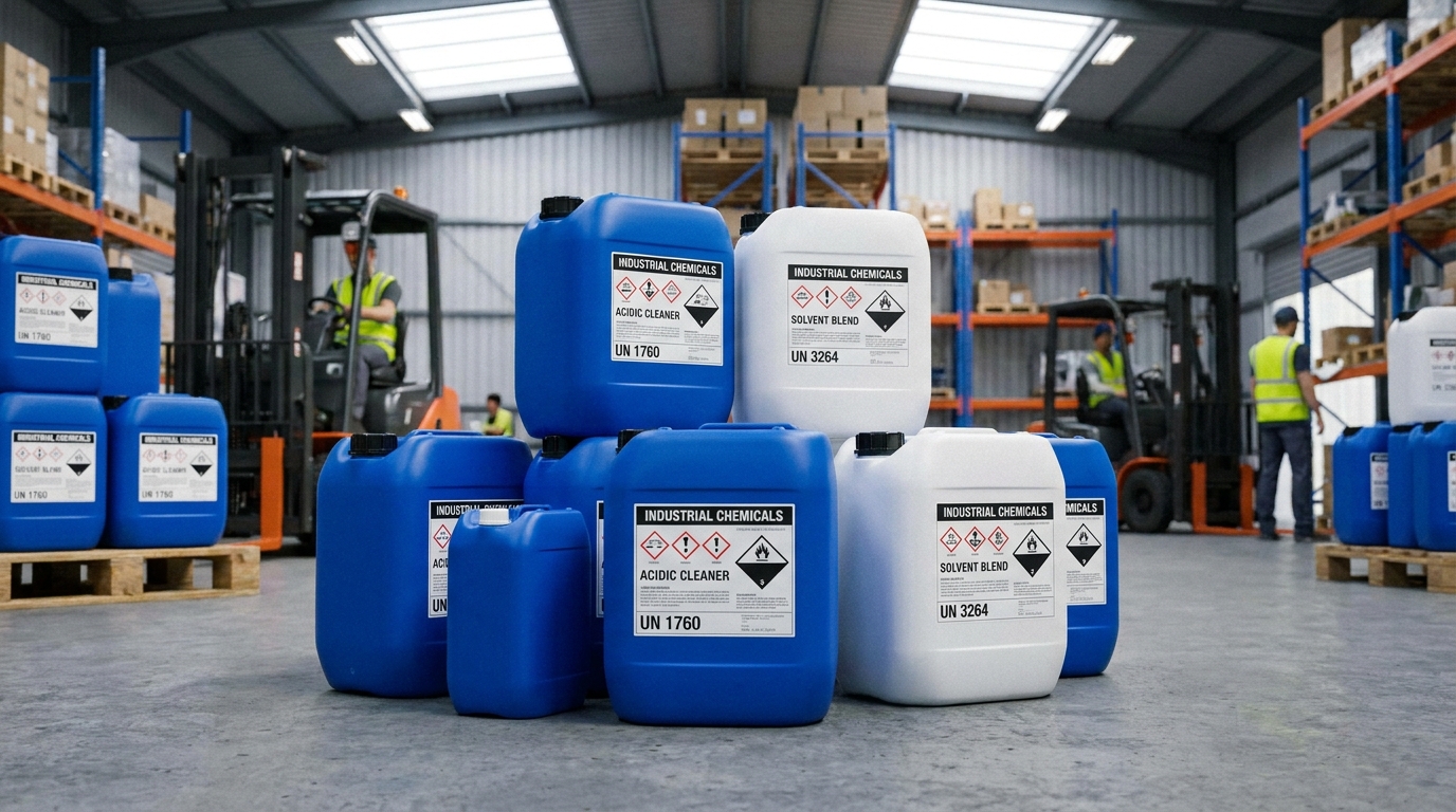 Beberapa jerigen HDPE berwarna biru dan putih berisi bahan kimia industri tertata di lantai gudang pabrik, dengan label peringatan bahaya dan kode UN tercetak di sisi jerigen