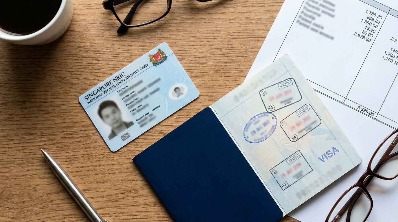 A clean overhead shot of a wooden desk with a Singapore blue NRIC-style identity card placed at an angle, a passport open beside it showing a generic visa page, and a printed payslip with the numbers blurred, soft natural daylight, no people in frame