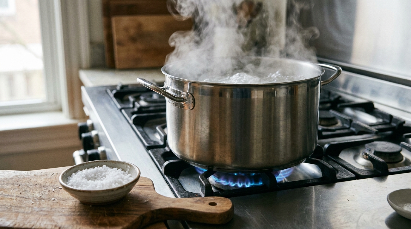A large stainless steel pot of boiling water on a gas stove with white steam rising, a small bowl of coarse salt nearby on a wooden cutting board