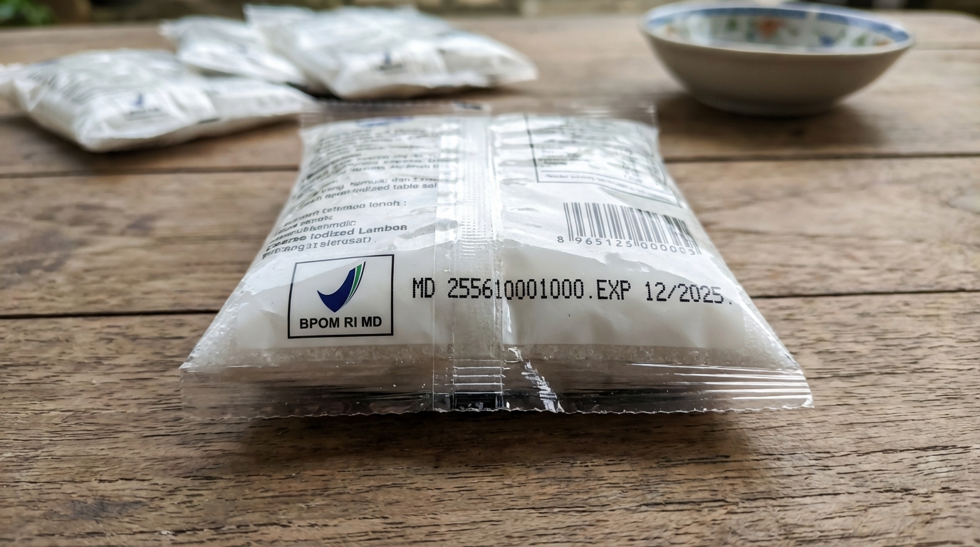 Kemasan plastik garam konsumsi beryodium dengan label BPOM RI MD dan deretan nomor izin edar tercetak jelas di bagian belakang kemasan, diletakkan di atas meja kayu dengan pencahayaan natural