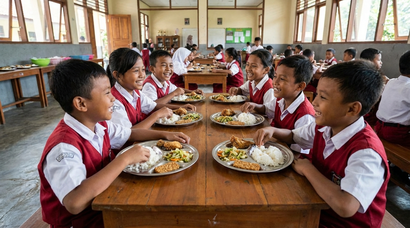 Anak-anak sekolah dasar Indonesia sedang makan siang bersama di meja dengan piring nasi dan lauk