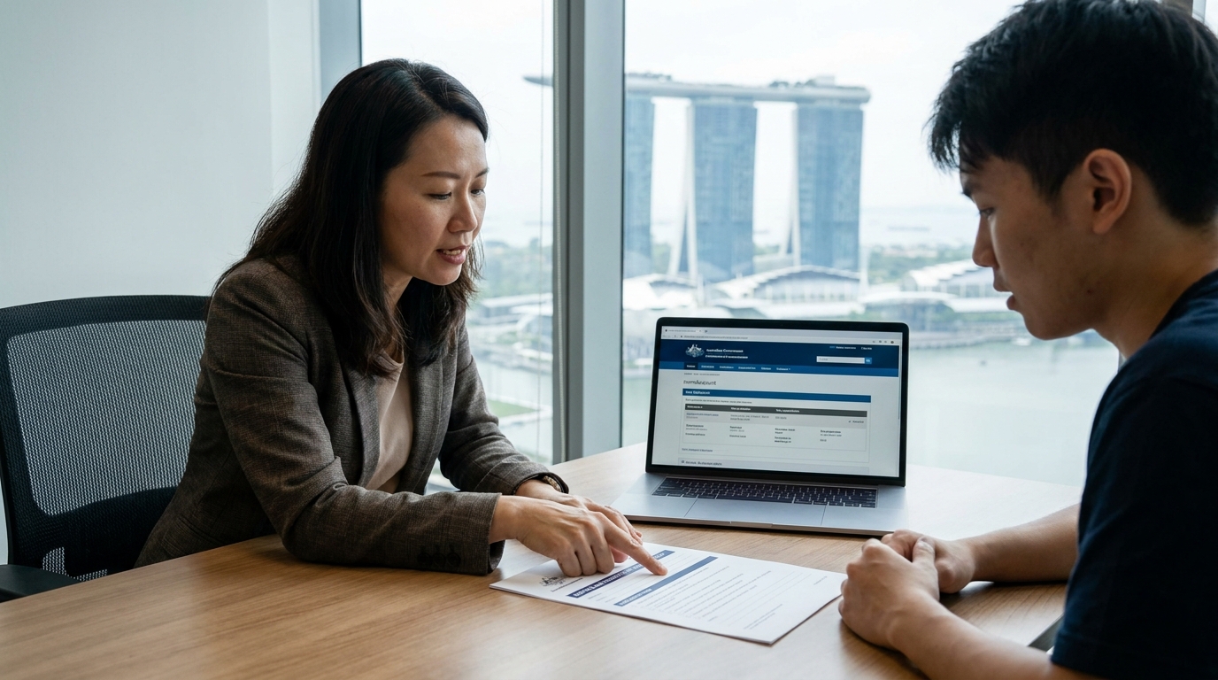 An immigration consultant in a modern Singapore office reviewing a printed Australian student visa checklist with a client seated across the desk, a laptop open showing the ImmiAccount dashboard