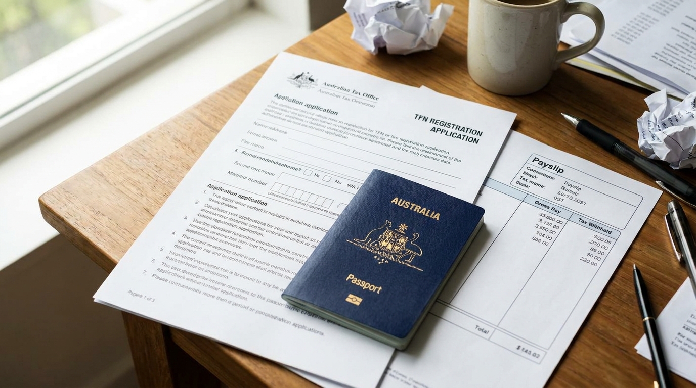 An Australian Tax Office TFN (Tax File Number) registration document on a desk next to a passport, payslip showing tax deduction columns, soft natural daylight, realistic photograph